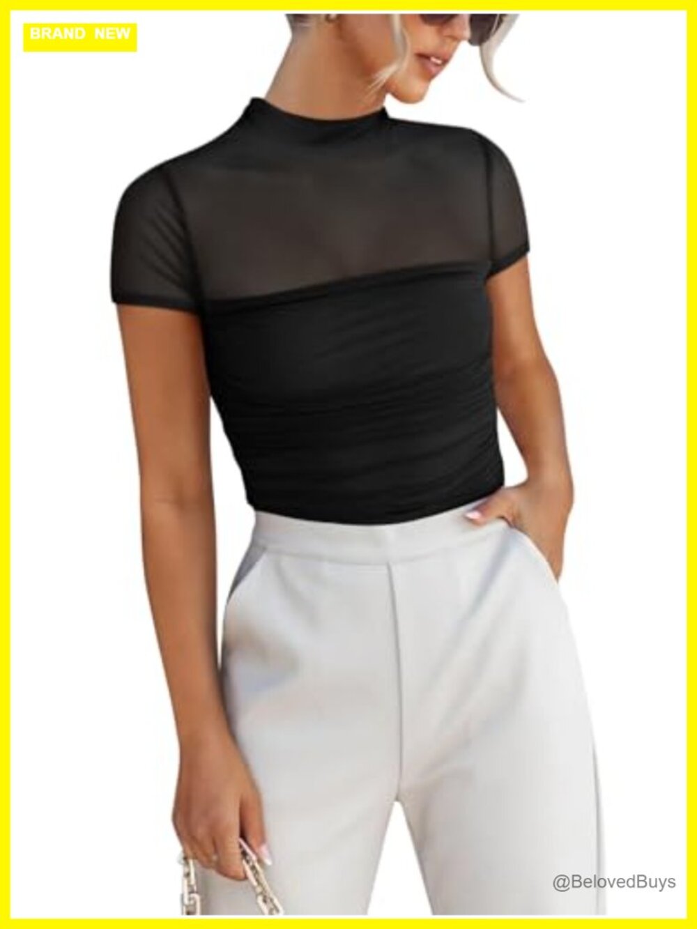 Mock Neck Mesh Short Sleeve Ruched Blouse Slim Trendy Going Out Top